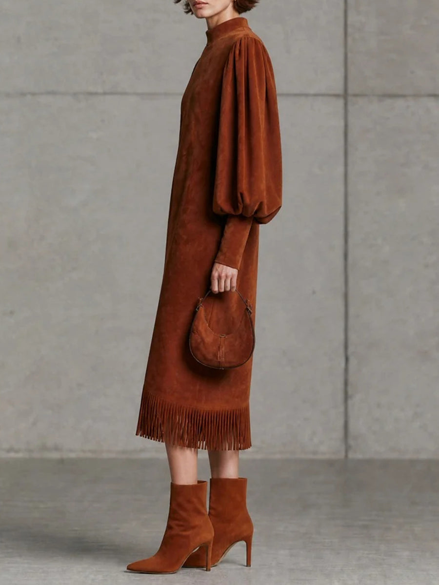 Suede-effect Fringe Midi Dress