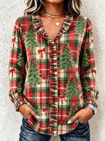 Women's Plaid Christmas Tree Print Cotton-linen Shirt – Lettuce-edge V-neck, Long Sleeve, Loose Casual Fit