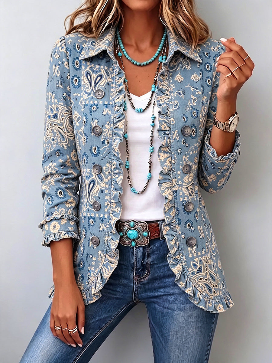 Bohemian Paisley Print Ruffled Linen-cotton Jacket