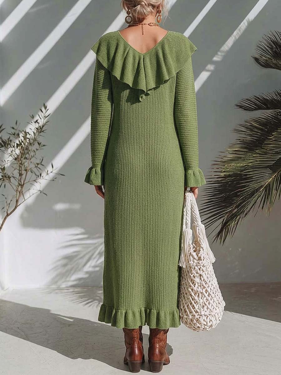 Women's Solid Color V-neck Ruffled Long-sleeve Casual Loose Knit Dress