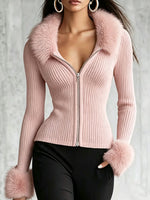 Chic Faux Fur Trim Ribbed Zip-Up Knit Top