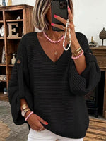 Women's Solid Color V-neck Long Sleeve Casual Loose Knitted Pullover