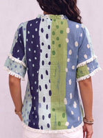Women's Geometric Print Ruffled V-neck Short-sleeved Casual Loose Cotton Linen Cardigan