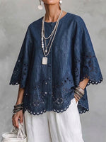 Round-neck Cut-out Embroidered Denim Shirt