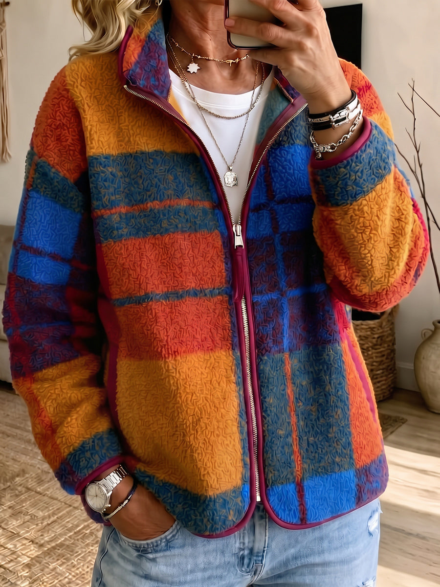 Vibrant Plaid Sherpa Full-Zip Jacket