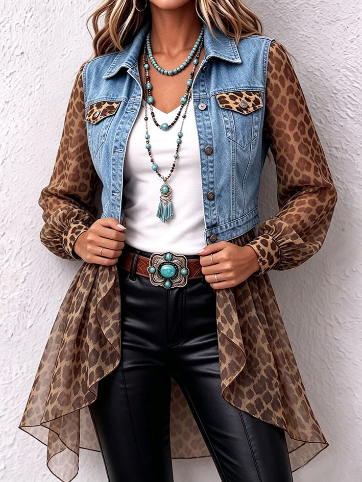 Chic Western Leopard Print Denim Jacket