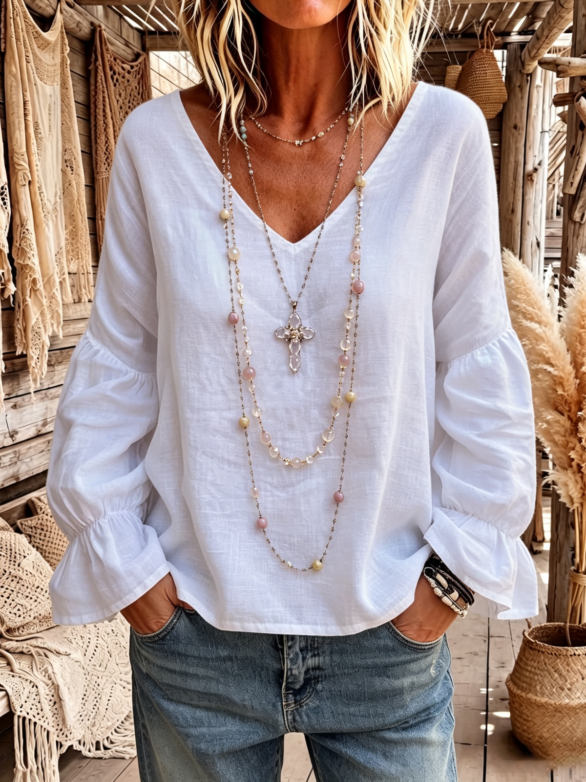 Casual Bohemian Flared Sleeve V-neck Top
