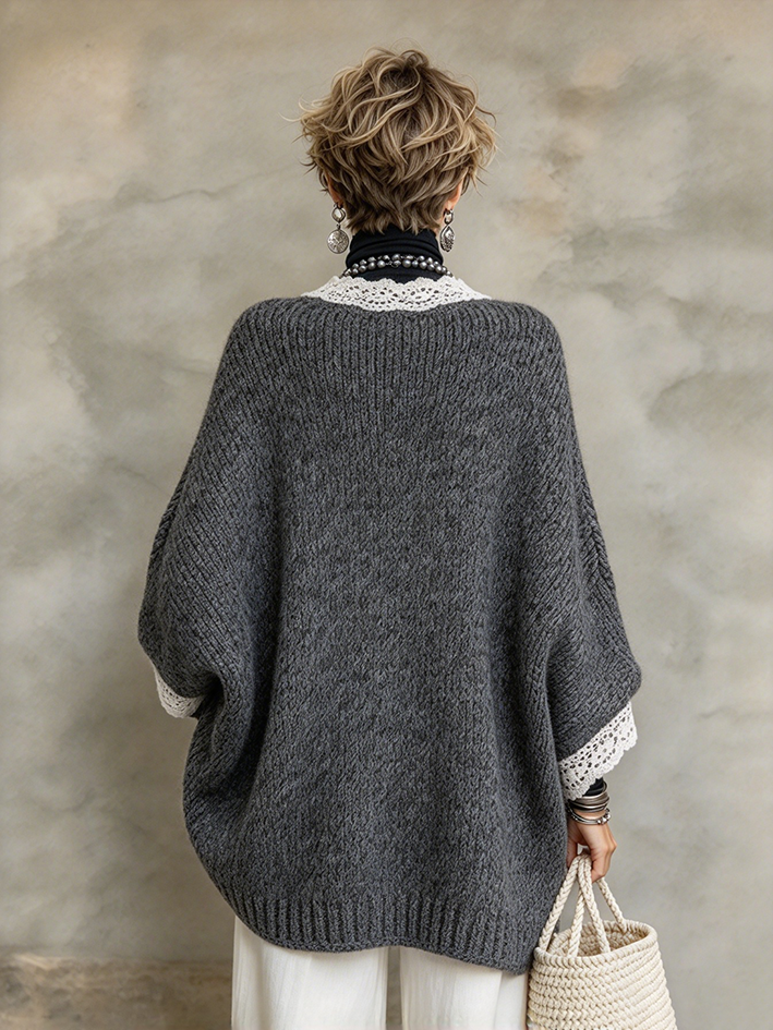 Cozy Relaxed Vintage Lace Trimmed Knit Sweater