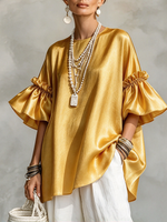 Chic Luxurious Golden Satin Ruffled Flared Sleeve Top