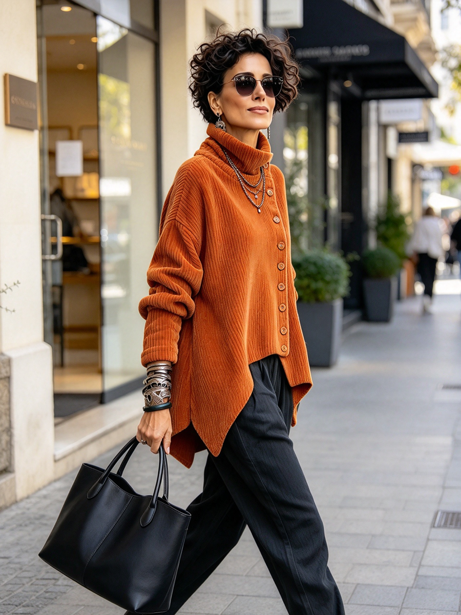 Chic Asymmetric Button-up Collar Corduroy Top