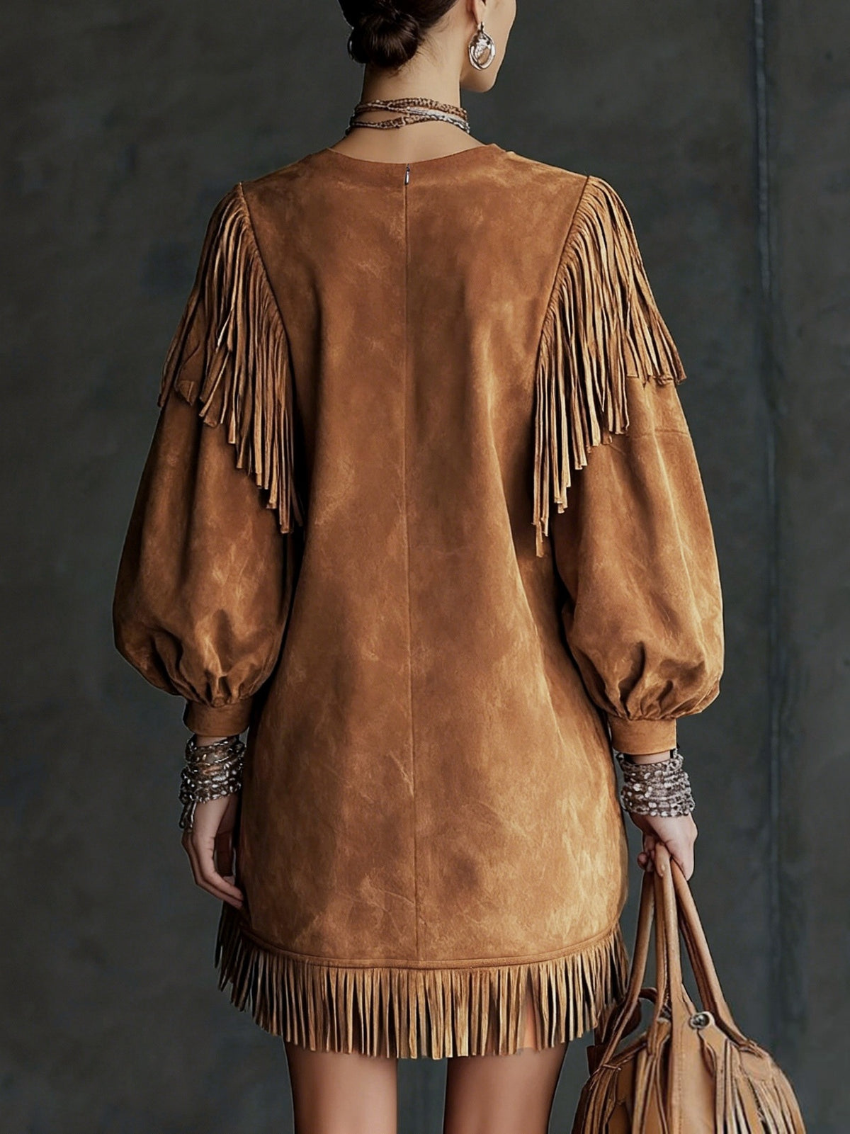 Western-style Brown Faux-suede Fringe Dress