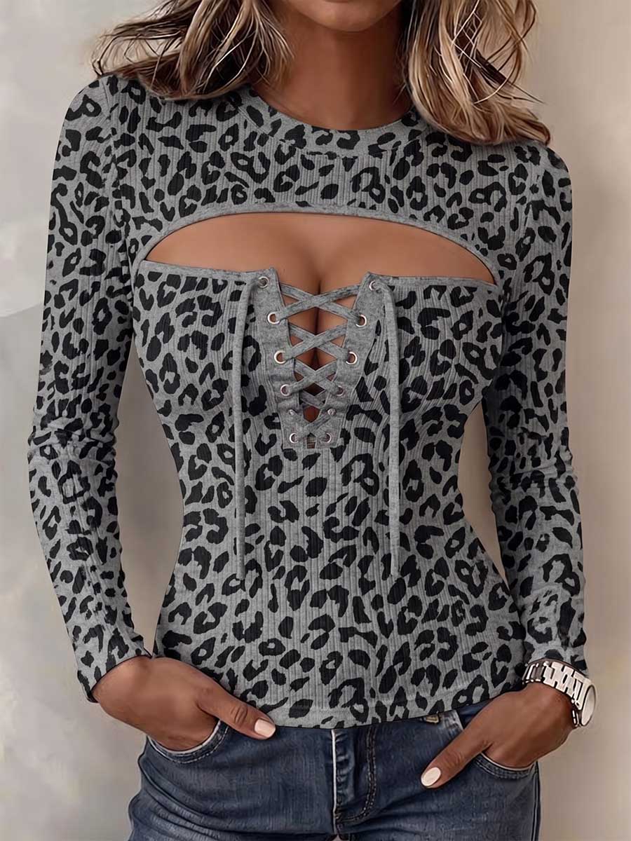 Women's Leopard Print Cut-out Crew Neck Lace-up Long-sleeve Slim-fit Casual Top
