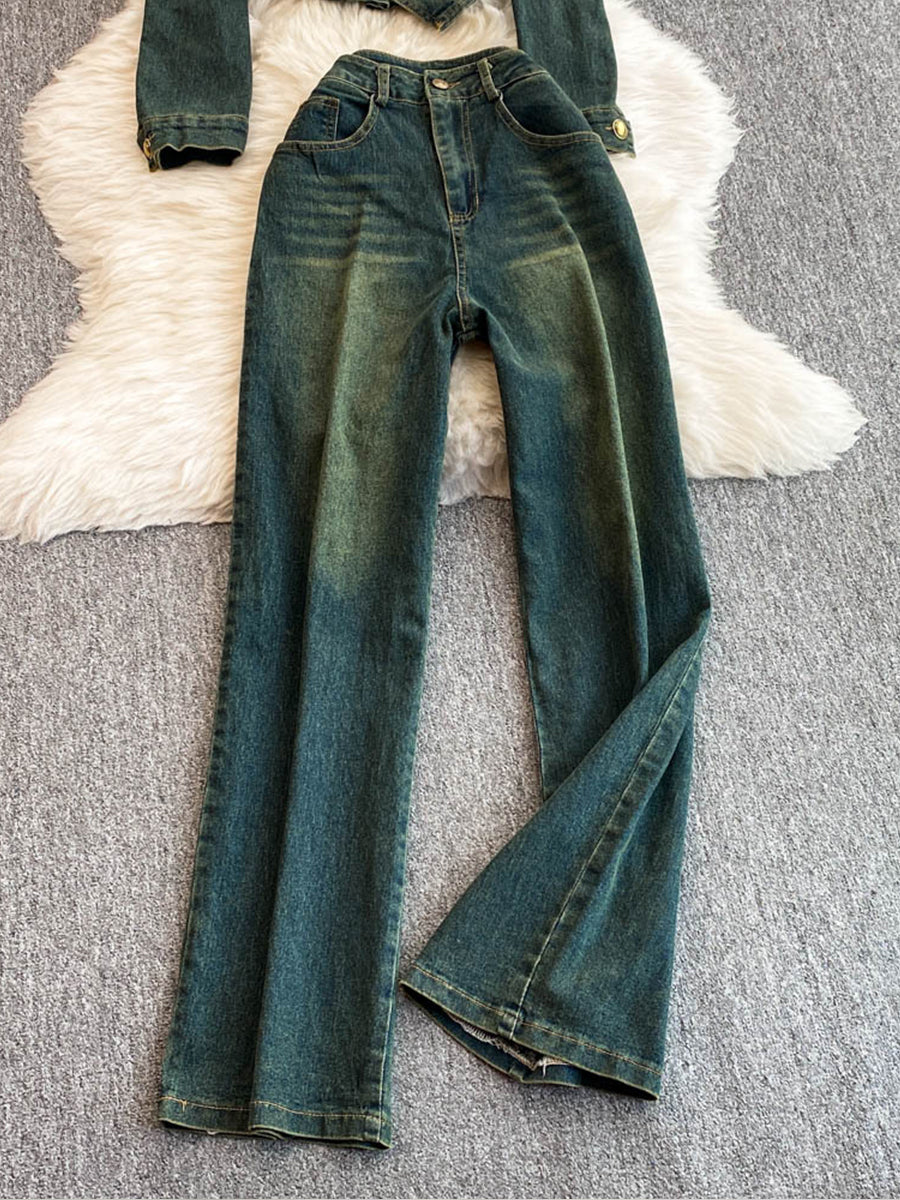 Vintage-style Ruffled Denim Top And Pants Two-piece Set