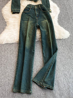 Vintage-style Ruffled Denim Top And Pants Two-piece Set