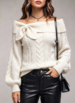 Chic And Sweet Off-shoulder Cable-knit Sweater With Bow Detail