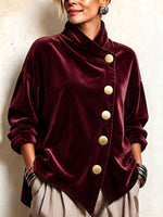 Elegant Asymmetrical Velvet Blouse With Gold Buttons