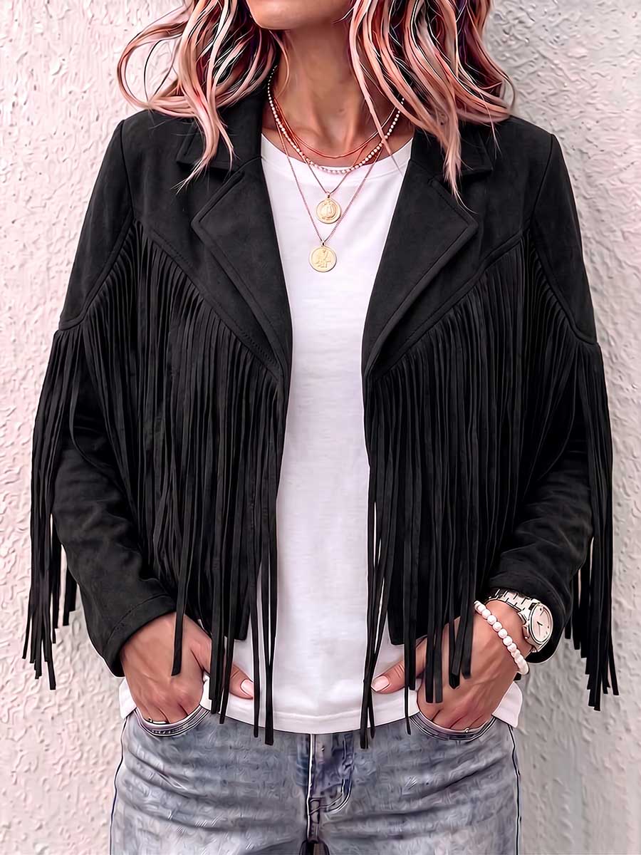 Women's Solid Color Lapel Long-sleeved Casual Loose Tassel Jacket