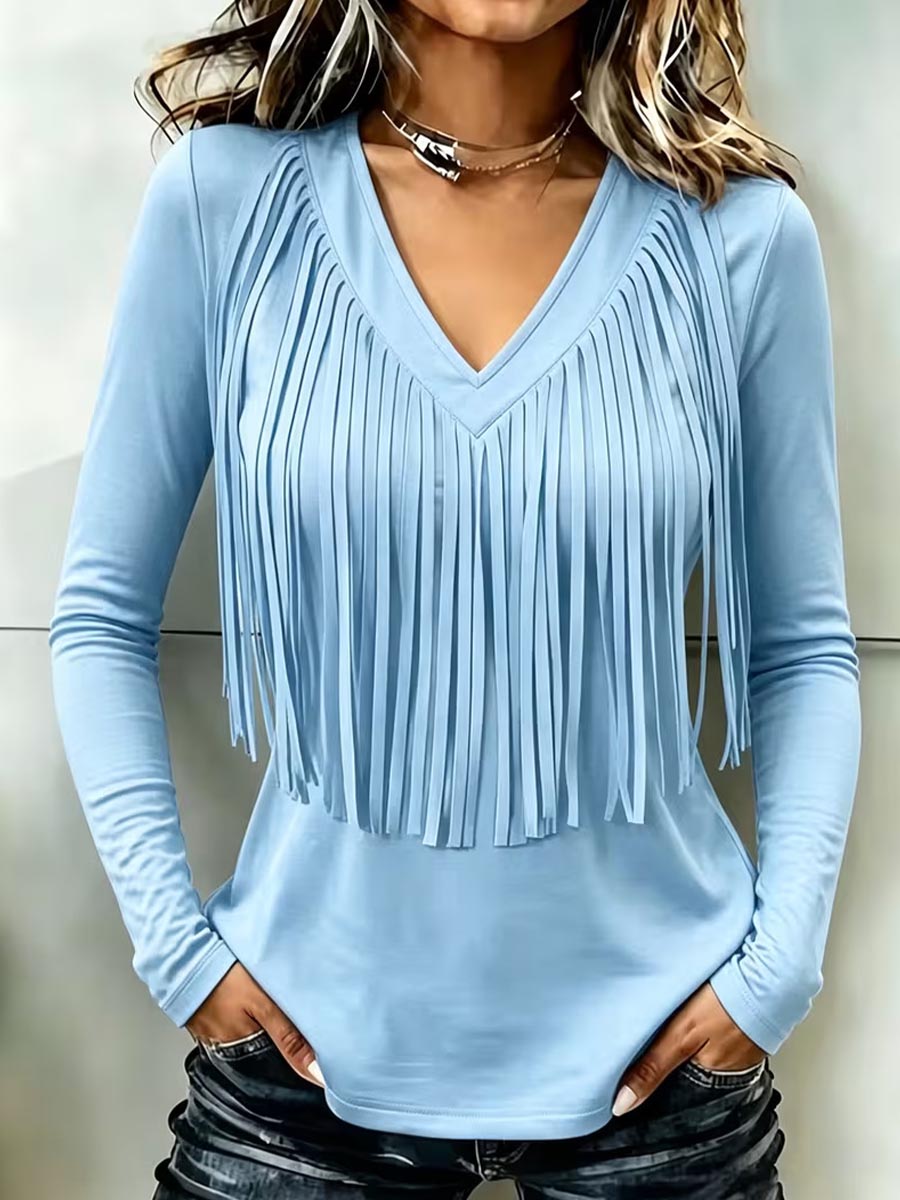 Women's Solid Color V-neck Long-sleeve Loose Casual Tassel Top