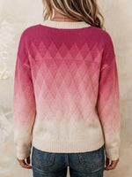 Women's Loose-fit Long-sleeve Knit Cardigan With Gradient Argyle Pattern And Crew Neck