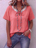 Women's V-neck Tie-waist Short-sleeved Casual Loose Cotton And Linen Top