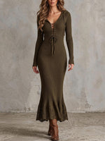 Ribbed Lace-knit Maxi Dress With Hood, Lace-up Detail, And V-neck